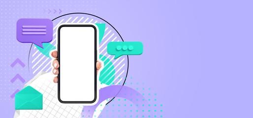 Woman hand showing smartphone with blank display, online communication