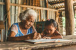 An elderly woman of color sits at a rustic wooden table, teaching a young girl mathematics, fostering intergenerational learning.