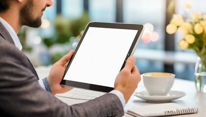 Poster - tablet held by man in an office - mockup for application or web design - template for presentation o