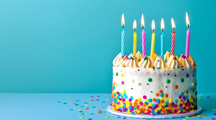 Poster - Colorful Birthday Cake with Lit Candles and Sprinkles, Bright Blue Background, Celebration Concept for Party and Events. AI