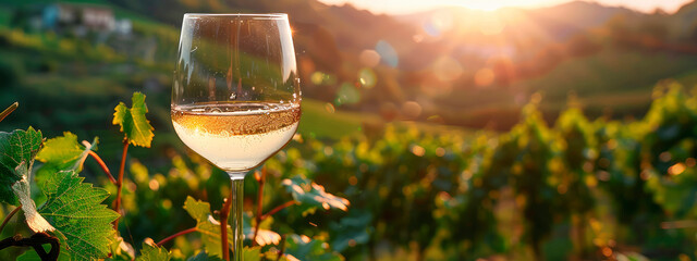 A glass of wine against the backdrop of a vineyard. Selective focus.