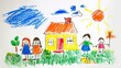 A drawing of children with a house and sun.