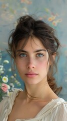 Wall Mural - Portrait of a young woman with an ethereal and natural beauty. She has delicate facial features, pale skin, and light blue eyes that gaze directly at the camera with an introspective expression