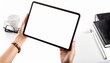 © Eggy - Tablet held by Woman in an Office - Mockup for Application or Web Design - Template for Presentation of Graphic Design - Corporate Representation at Consumers