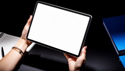 Poster - Tablet held by Woman in an Office - Mockup for Application or Web Design - Template for Presentation of Graphic Design - Corporate Representation at Consumers