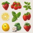 Vector illustration of ripe strawberries, sliced lemon, fresh mint leaves, and garlic bulb on a light background.