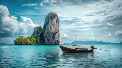 Wall Mural - Thailand Nature: Serene Bay with Boat on Beautiful Island, Blue Waters and Rocky Cliffs