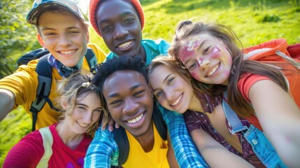 Outdoor Trip. Multicultural Young Friends Taking a Selfie on a Spring Day Outdoors