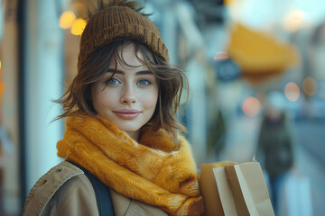 Wall Mural - An attractive woman, carrying shopping bags, walks happily outside on a winter night.