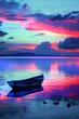 A boat sits on a lake at sunset