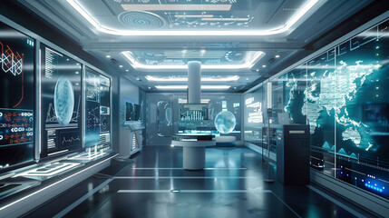 Poster - the intersection of ICT and Scientific Technologies in a futuristic laboratory setting.