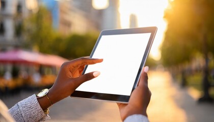 Tablet held by Woman in Outside in the City - Mockup for Application or Web Design - Template for Presentation of Graphic Design - Corporate Representation at Consumers