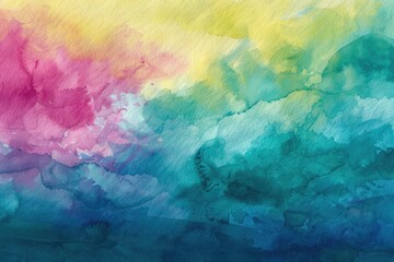 Blue Green Yellow Background. Watercolor Sunset Sky Texture with Colorful Border