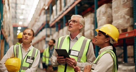 Poster - Training, manager and group of people in warehouse for discussion, collaboration and service delivery in online logistics. Teamwork, men and women in factory storage for inventory check with tablet