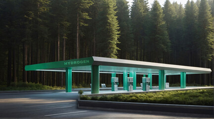 Futuristic hydrogen fuel station in forest. Hydrogen fuel charging station. Green energy and zero emission transport	