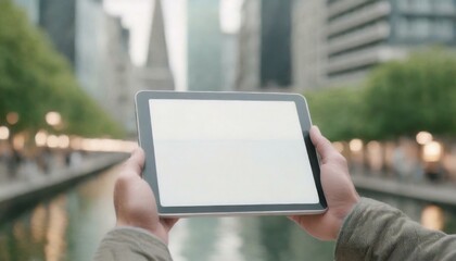Poster - tablet held by man in outside in the city - mockup for application or web design - template for pres