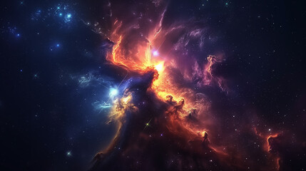 High resolution background of space, galaxy and stars. Universe filled with colorful nebula clouds. Panoramic shot, wide format. Stunning space nebula with vibrant red, orange, and purple hues against
