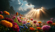 Colorful flowers in a rain-soaked sustainable garden, subtle sun rays piercing through clouds. AI generated.