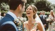 Joyful bride laughing with groom on wedding day