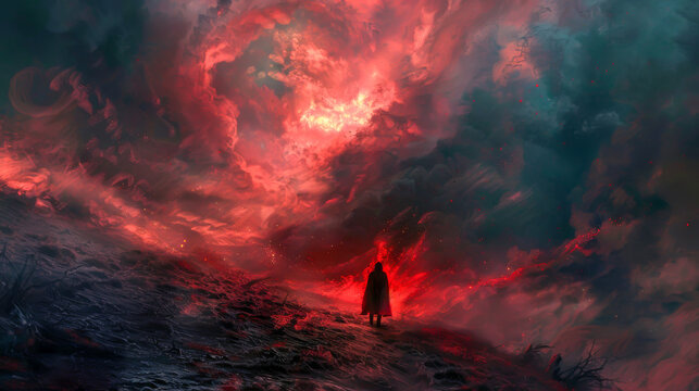 A person is walking through a red and black sky