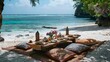 A picturesque boho picnic setup on a secluded beach, complete with Moroccan style pillows and a low table
