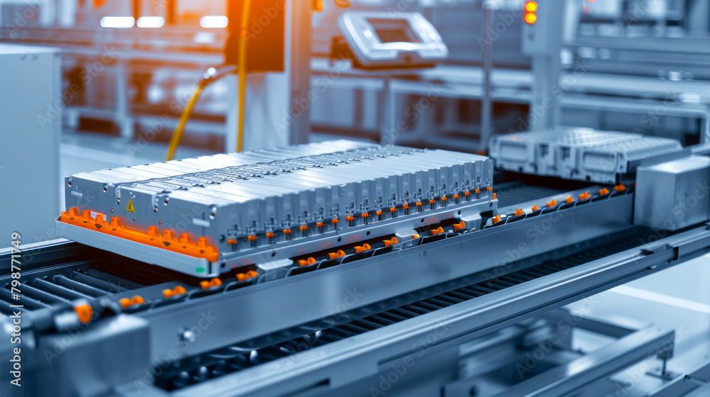 Electrical vehicle battery module on a conveyor belt in an automated ...