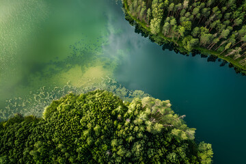 Wall Mural - Aerial view of beautiful Balsys lake, one of six Green Lakes, located in Verkiai Regional Park. Birds eye view of scenic emerald lake surrounded by pine forests. Vilnius, Lithuania.