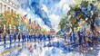 A watercolor painting of a marching band in a parade with a blue sky and white clouds in the background.