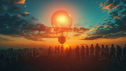 People watching a giant light bulb in the sky