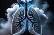 Image of person's lungs on dark background, shrouded in cloud of smoke, damaged by tobacco and cigarette smoking, concept of fighting and quitting smoking, illustration of lung disease or cancer