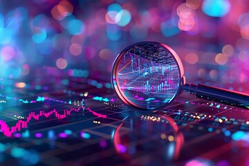 Magnifying glass over an abstract digital chart, representing stock market analysis with neon purple and blue colors for techinspired feel