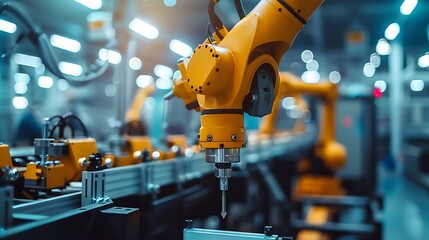 Poster - Robotic arm in an industrial factory working on metal parts production, concept of digitalization and industry