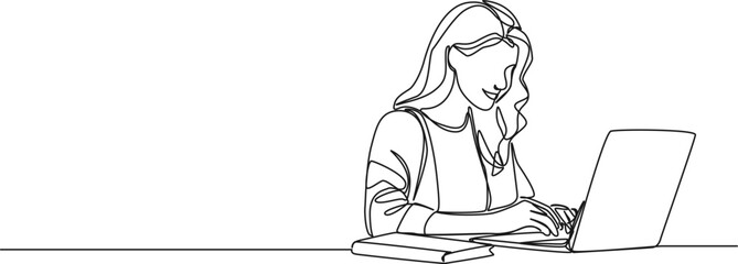 Wall Mural - continuous single line drawing of female student using laptop computer, line art vector illustration