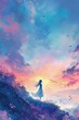 Serene scene of a charming goddess, vibrant watercolor in bright pastel hues, star filled sky, hand drawn, dreamy effect