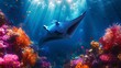 Underwater scene capturing a manta ray swimming among colorful coral formations, illuminated by natural light beams