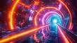 Vibrant 3D abstract tunnel illuminated with neon rays and colorful patterns, creating a sense of infinite depth