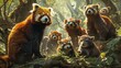 Vibrant scene depicting a group of exotic mammals, including a red panda and a capybara, in a lush, green forest