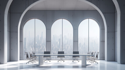 Poster - Meeting room with a long table and chairs, clean and modern and panoramic view