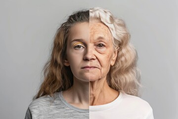 Beauty in aging face visualized wrinkle-centric skin care formula, combining old treatment and age comparison.