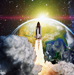 Wall Mural - dark space shuttle launch in the clouds with stars on background.spaceship flight. elements of this 