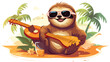 Cute sloth surfer in sunglasses holding surfboard a