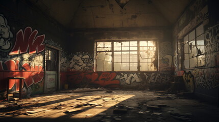 Old house with broken windows and graffiti. Abandoned, messy and trashed house interior with graffiti on walls.