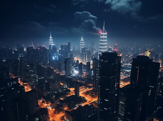 Aerial view, night city view with night sky. Night metropolis top view from a drone