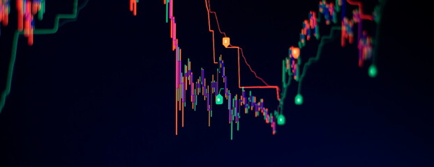 Wall Mural - Investment, trade, stock, finance and analysis concept. Business graph charts of financial board display candlestick double exposure