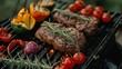 BBQ meat skewers with vegetables on a flaming grill, Generative AI,