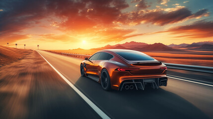 Modern car drive by road on high speed at sunset in a desert area