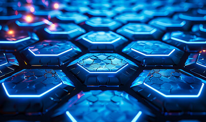 Wall Mural - Cinematic Neon Blue Hexagonal Pattern, Luxury Glowing Lights, Futuristic 3D Geometric Design