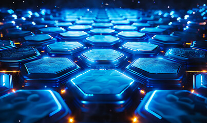 Poster - cinematic neon blue hexagonal pattern, luxury futuristic 3d render, glowing sci-fi geometric backgro