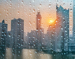 Wall Mural - A city view with raindrops on the window