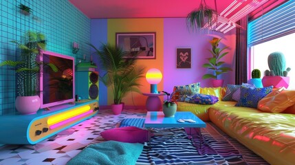 Canvas Print - Specify the use of bold, contrasting colors like hot pink, electric blue, and lime green to capture the essence of 80's and 90's nostalgia.